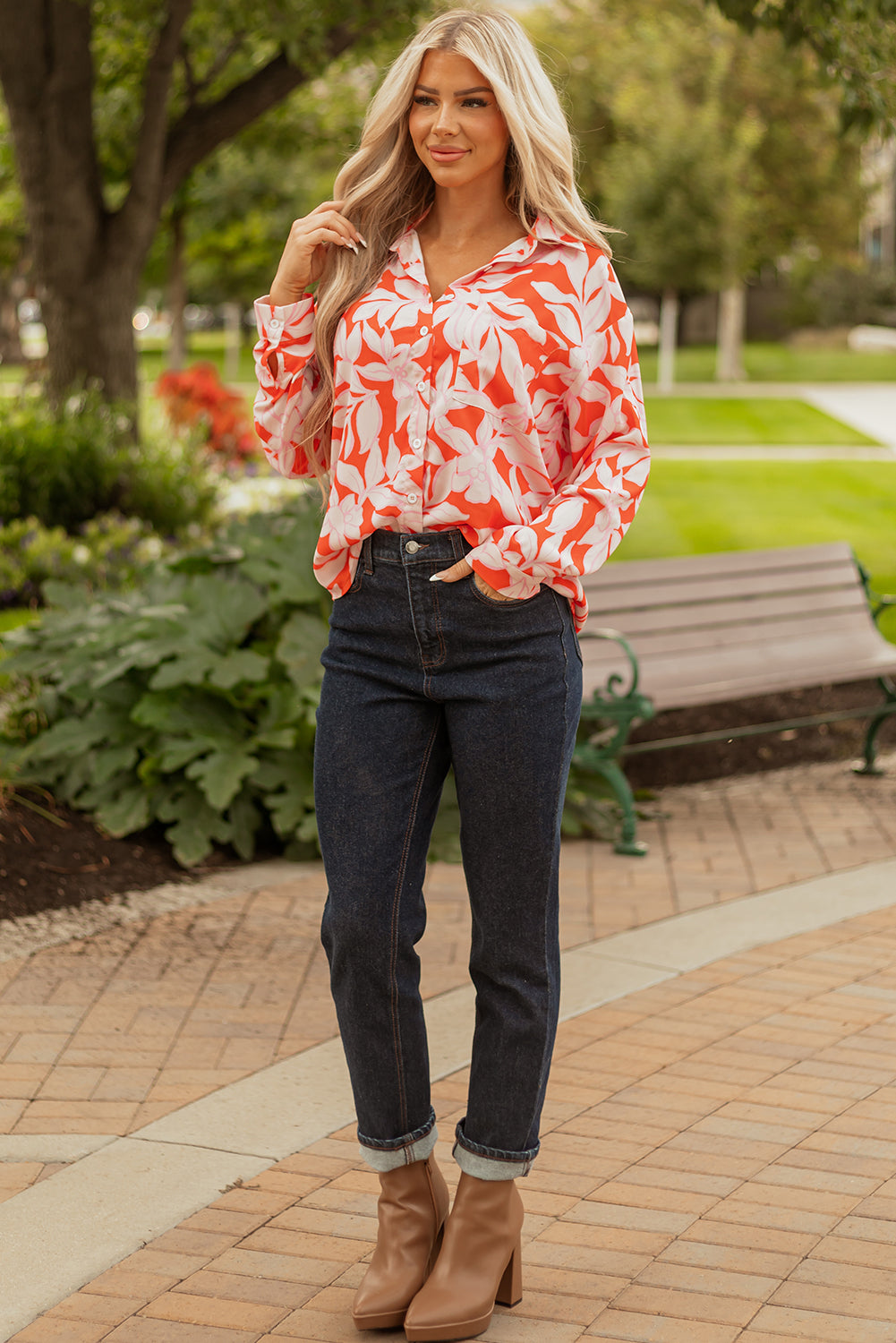 Orange Botanical Print Single Chest Pocket Button Up Shirt