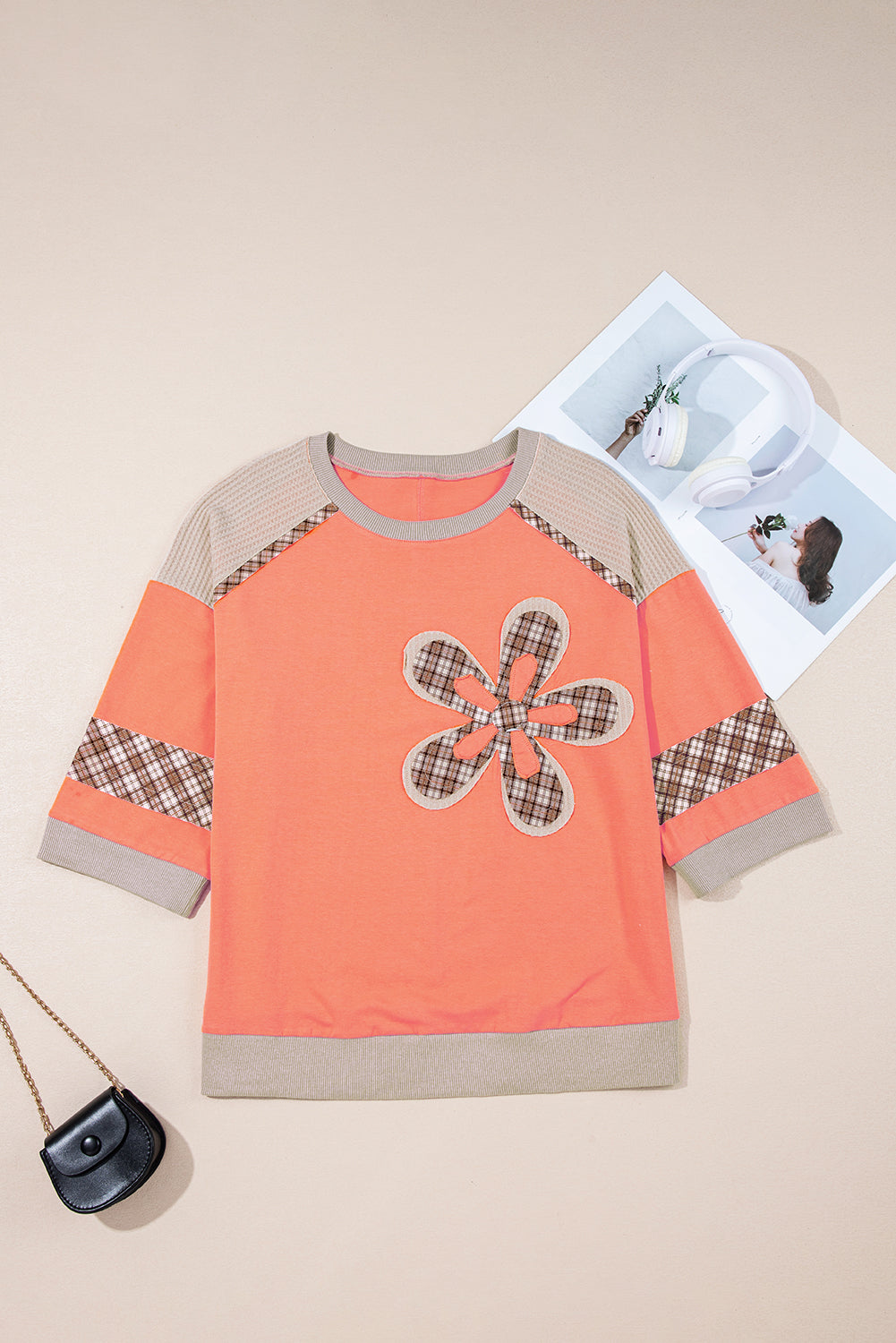 Grapefruit Orange Plaid Waffle Flower Patchwork Bracelet Sleeve Top