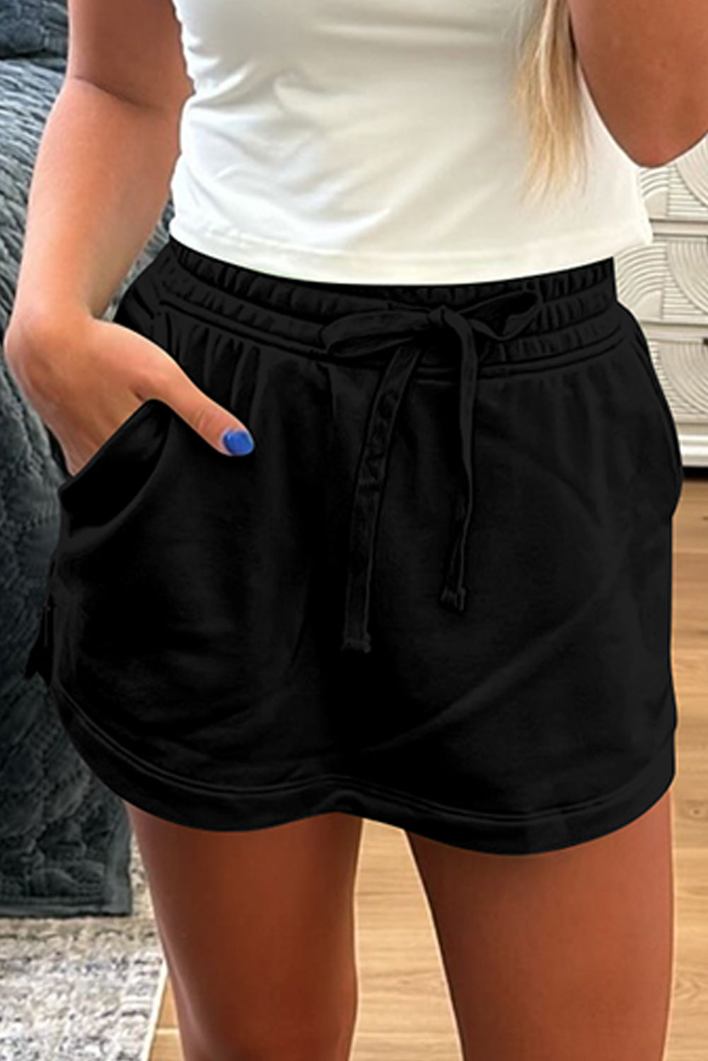 Black French Terry Drawstring Elastic Waistband Mini Skort with Pockets