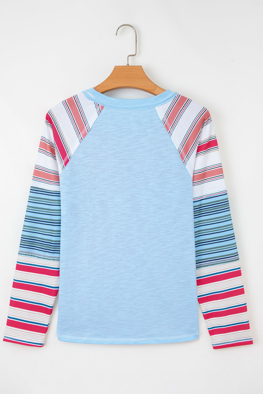 Pink Color Block Round Neck Exposed Seam Patchwork Striped Long Sleeve Top