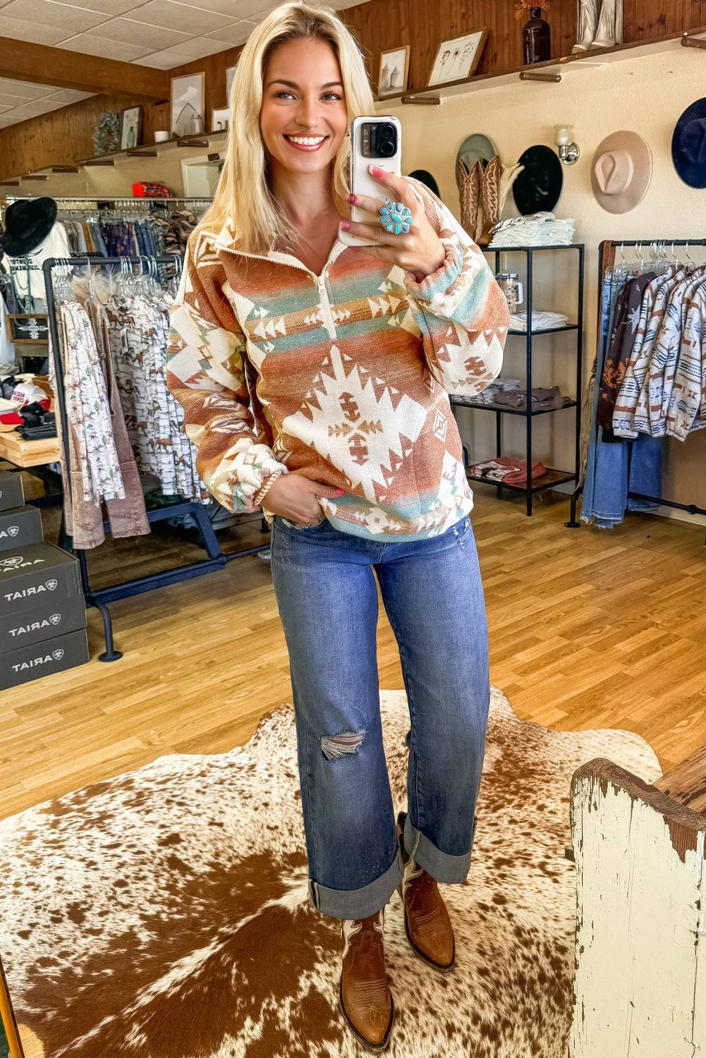 Green Quarter Zip Elastic Cuffs Aztec Sweatshirt