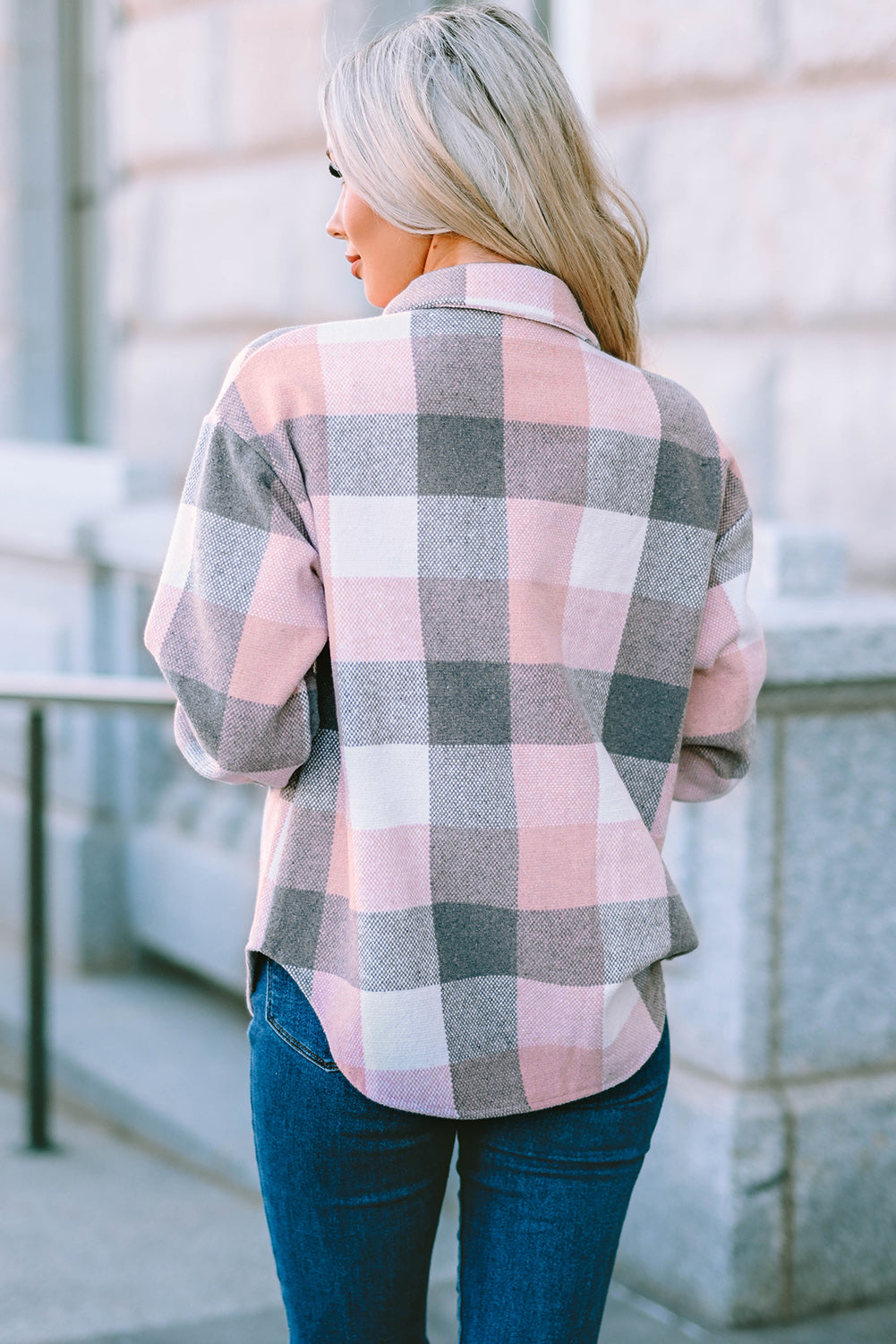Pink Plaid Color Block Buttoned Long Sleeve Jacket with Pocket