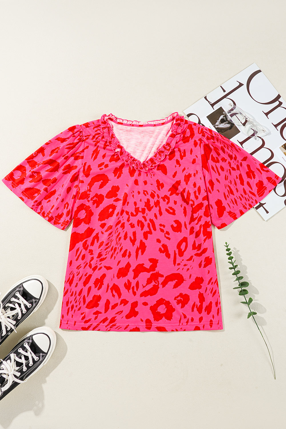 Rose Leopard Frilly V Neck Short Sleeve Blouse