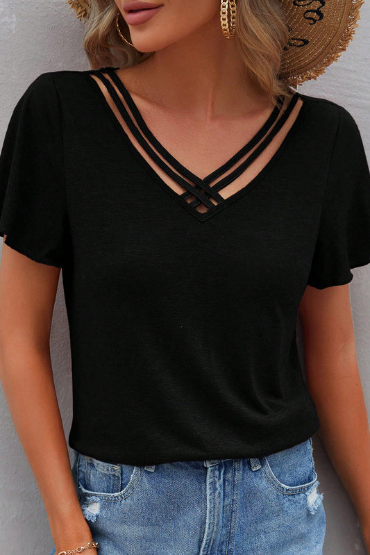 Black Crisscross V Neck Butterfly Sleeve T Shirt