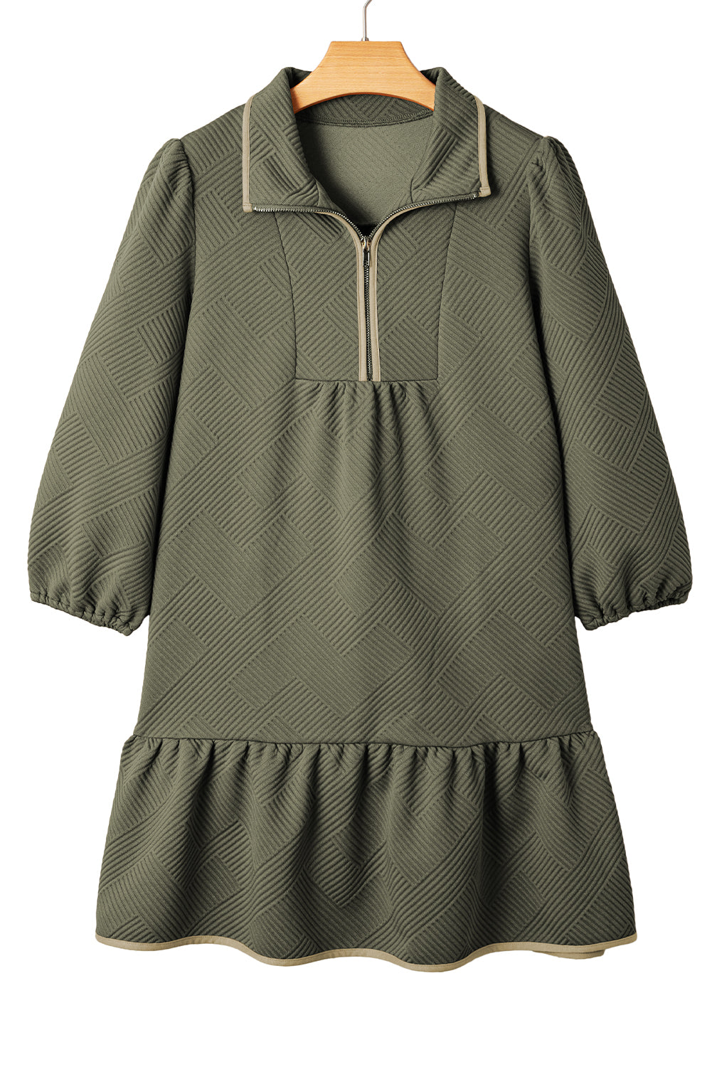 Jungle Green Quarter Zip Collar Bracelet Sleeve Textured Mini Dress