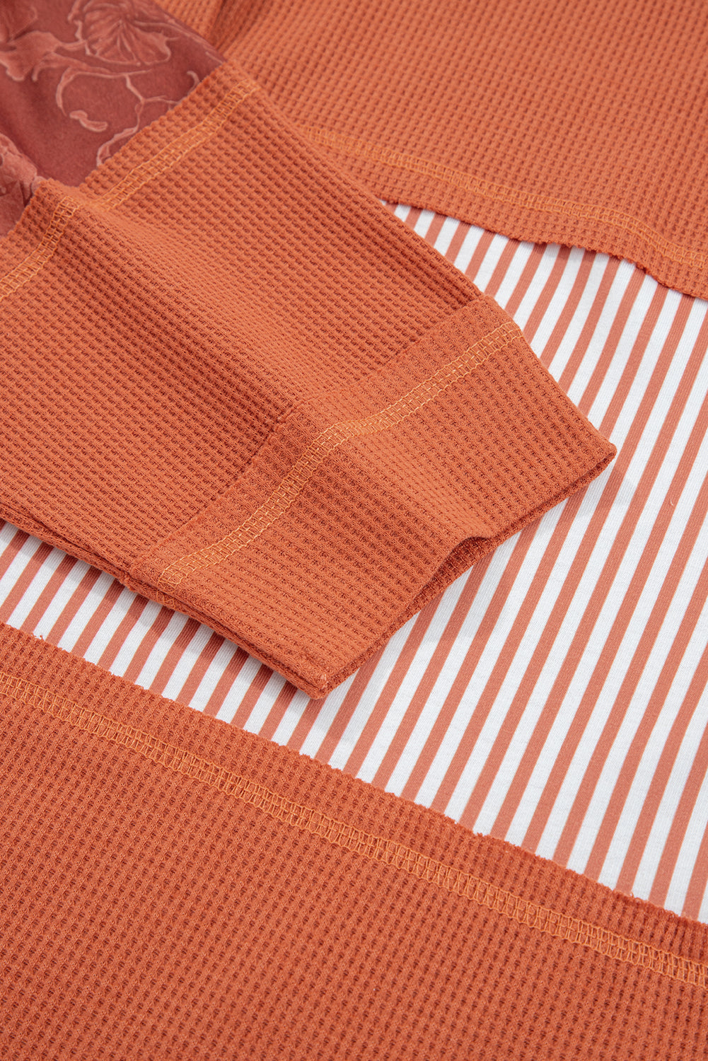 White Waffle Printed Patchwork Drawstring Hooded Long Sleeve Top