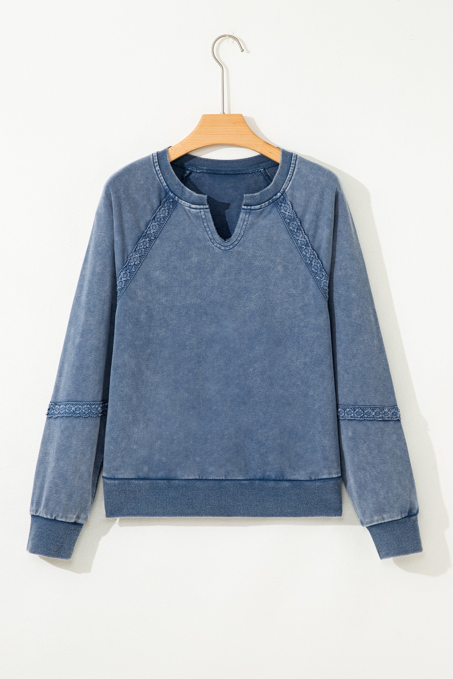 Sail Blue Lace Patchwork Detail Notched Neck Mineral Wash Baggy Sweatshirt