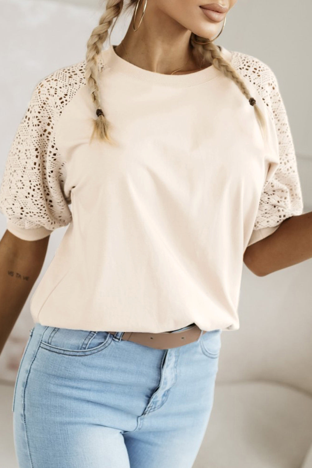 White Lace Crochet Short Sleeve Round Neck T Shirt