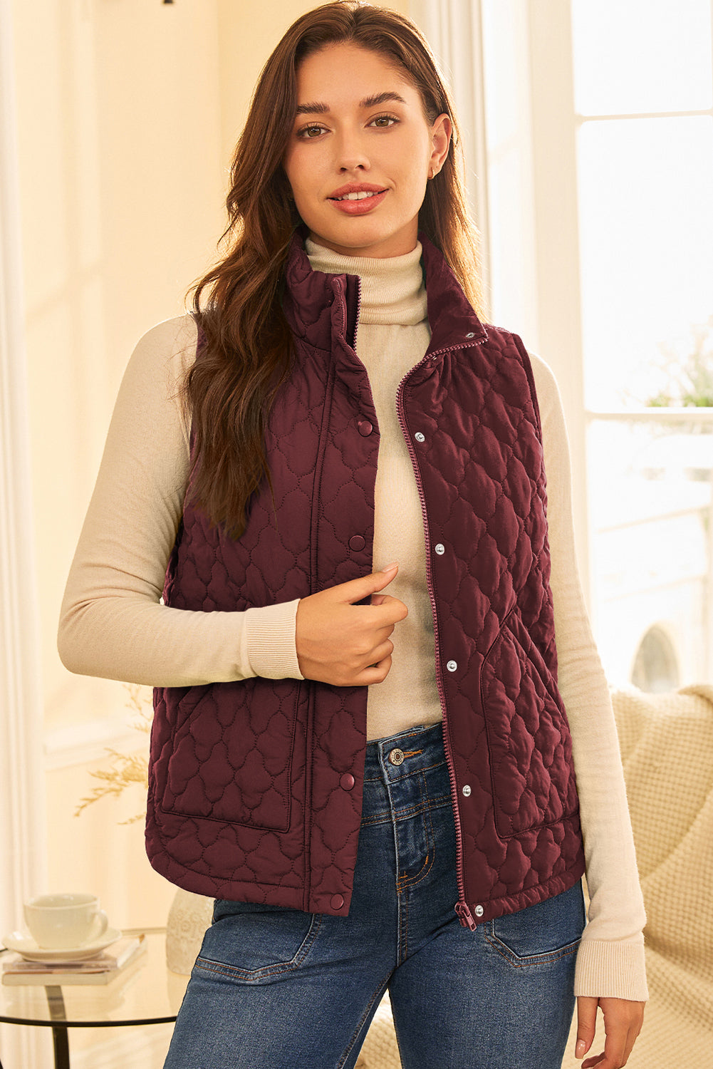 Wild Ginger Flower Shape Quilted Snap Button Zip Up Winter Vest