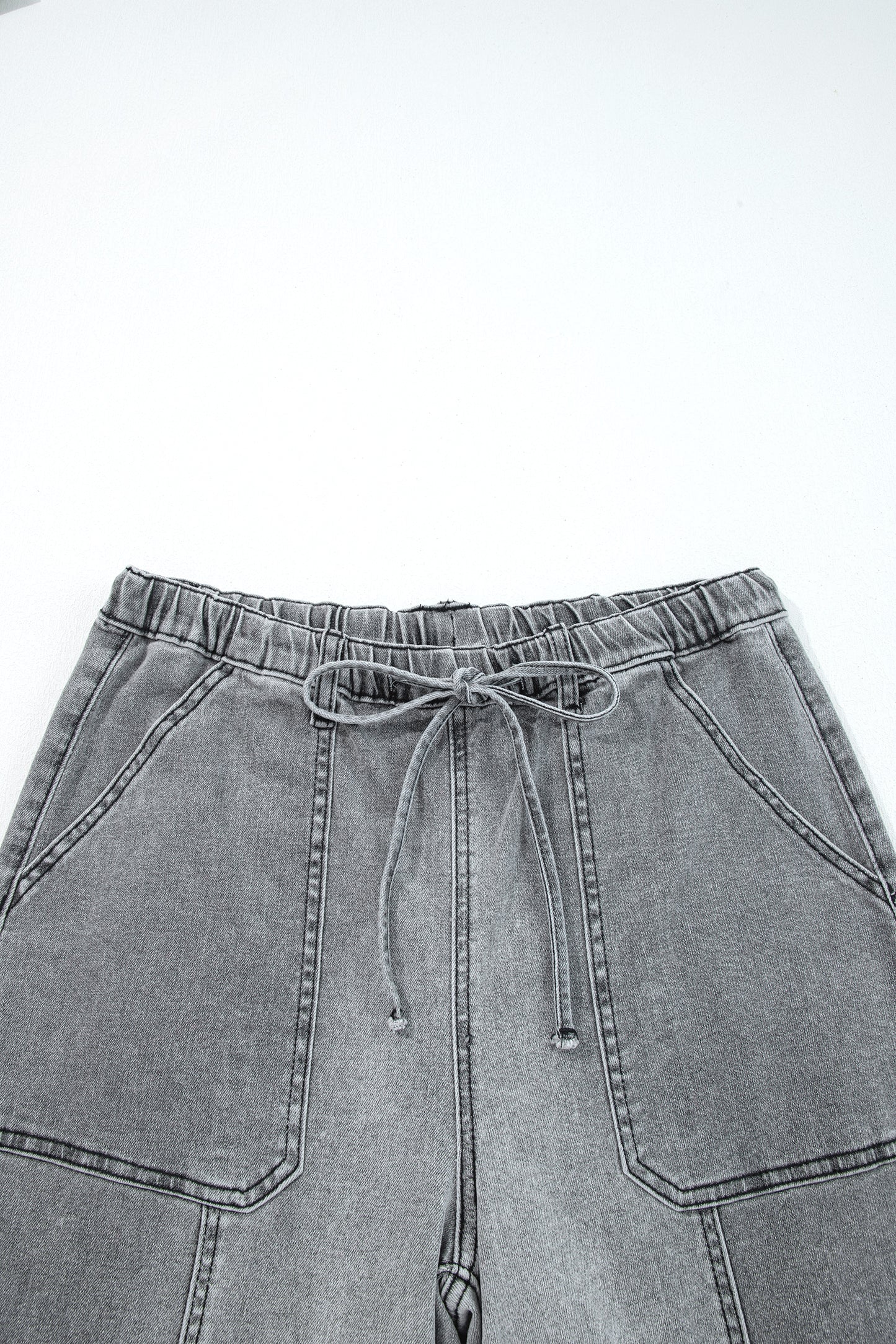 Gray Drawstring Seam Detail Raw Hem Wide Leg Denim Pants