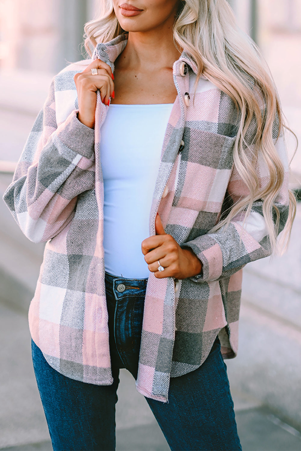 Pink Plaid Color Block Buttoned Long Sleeve Jacket with Pocket