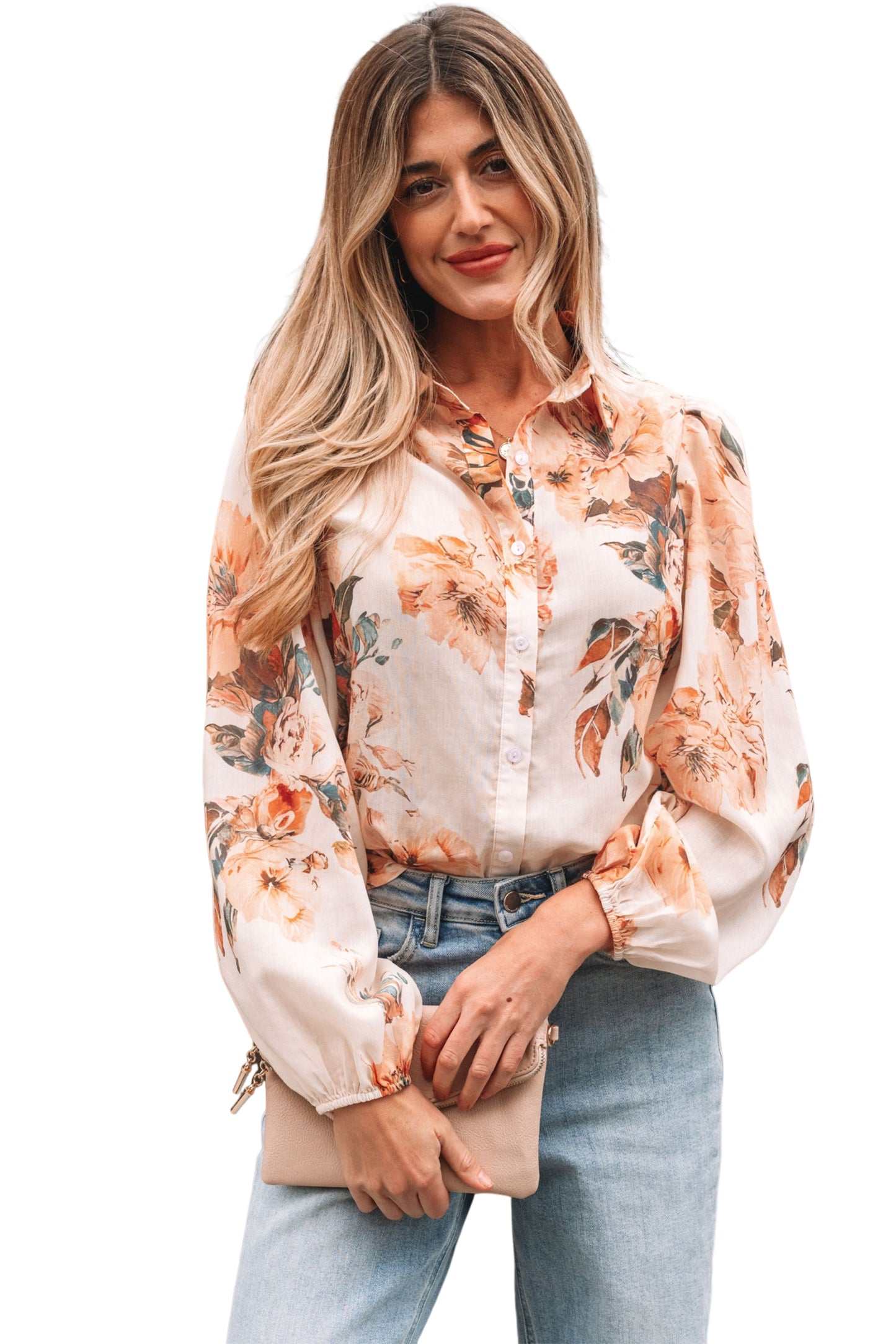 Brown Floral Puff Sleeve Lightweight Shirt
