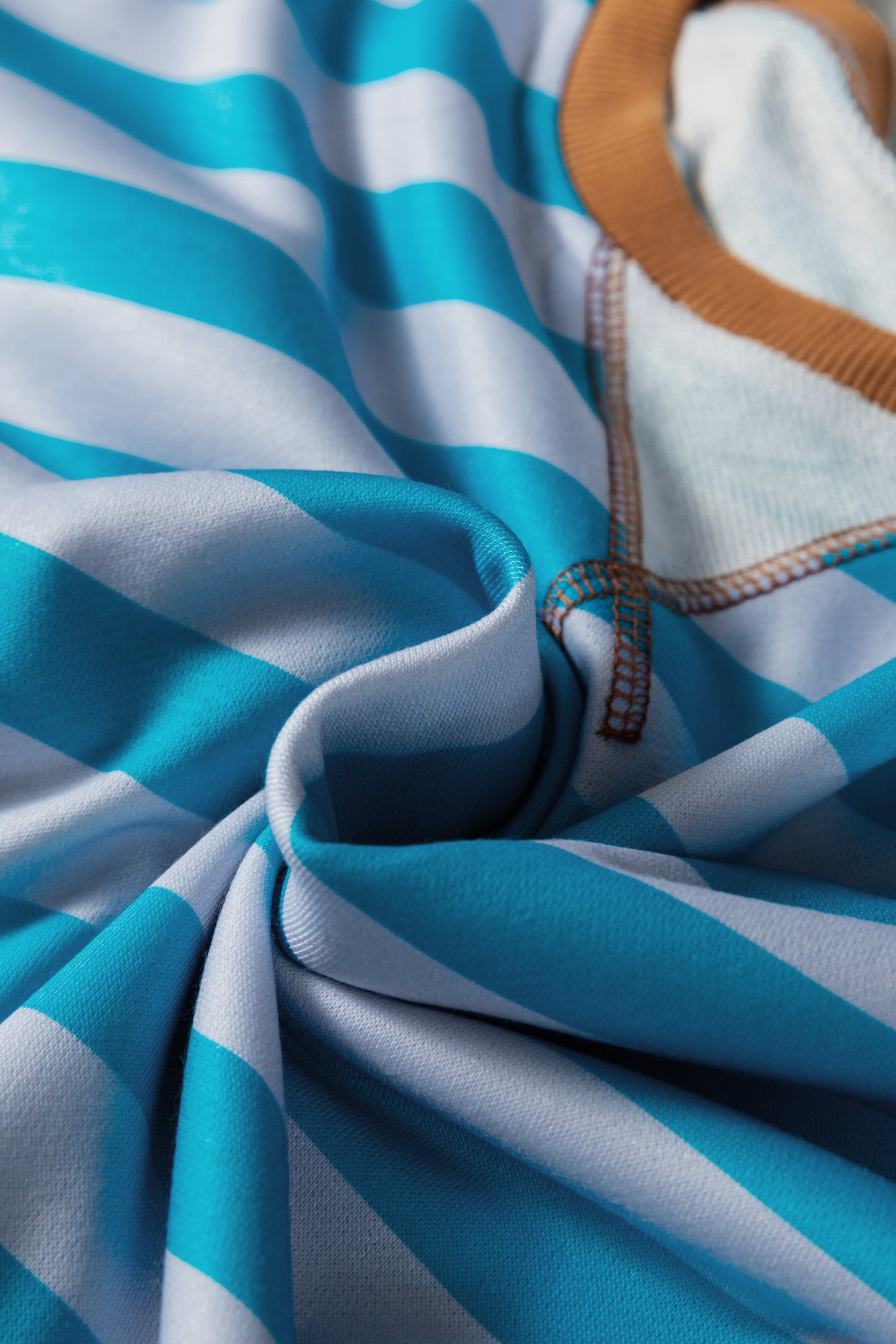 Sky Blue Stripe Contrast Color Ribbed Trim Round Neck Drop Shoulder Sweatshirt