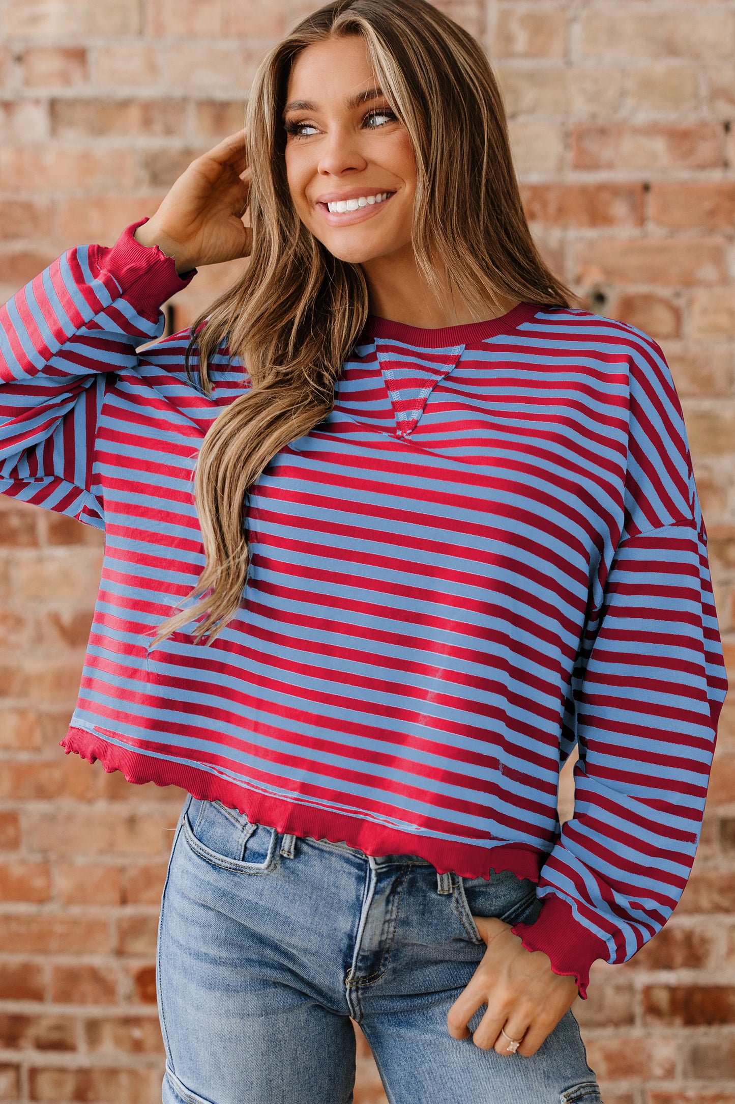 Red Stripe Exposed Seam Contrast Ribbed Trim Oversize Sweatshirt