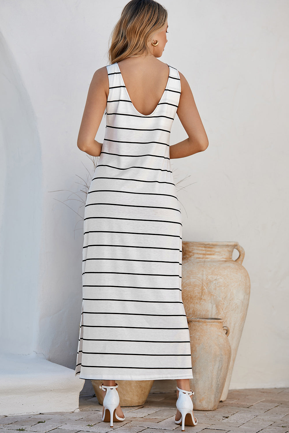 Black Stripe Print Open Back Sleeveless Maxi Dress with Slits