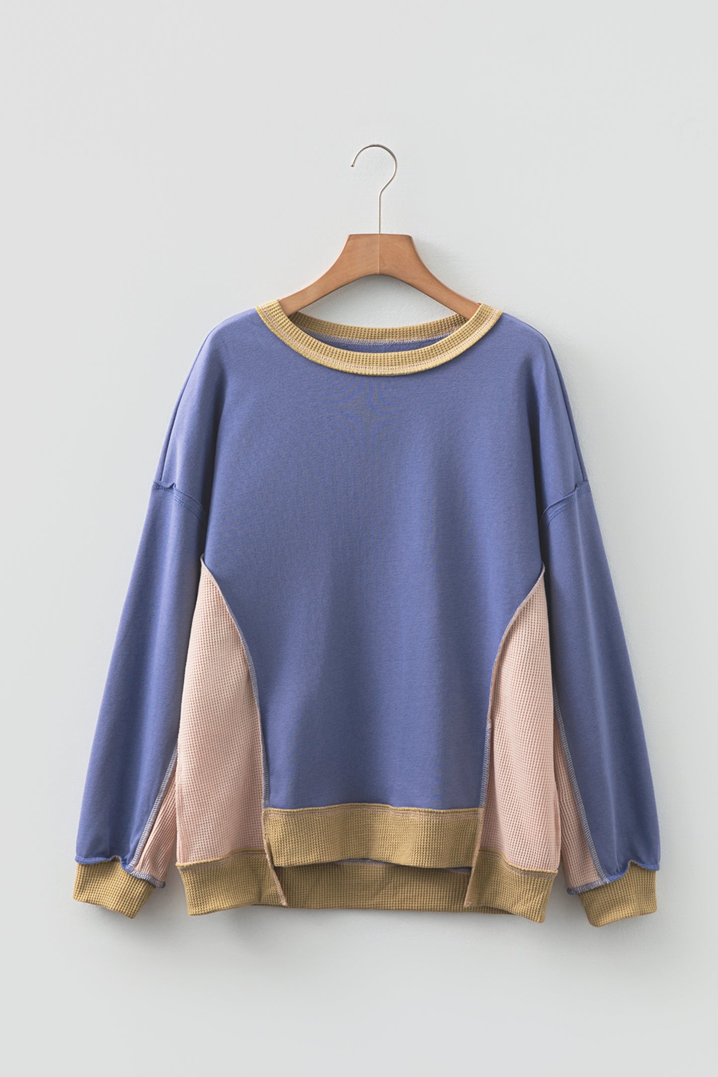 Wild Wind Color Block Mix Texture Waffle Patchwork Oversize Sweatshirt