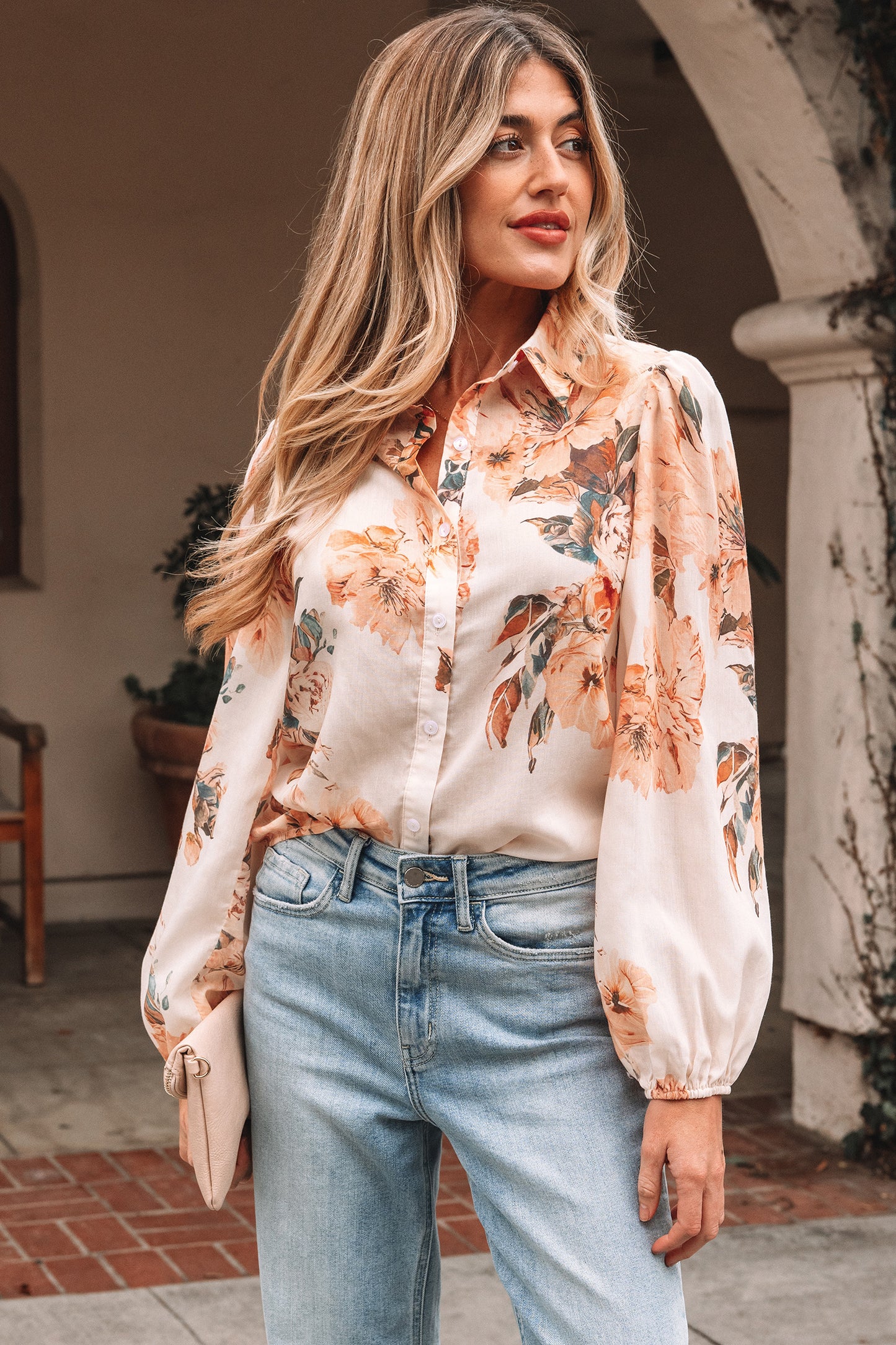 Brown Floral Puff Sleeve Lightweight Shirt