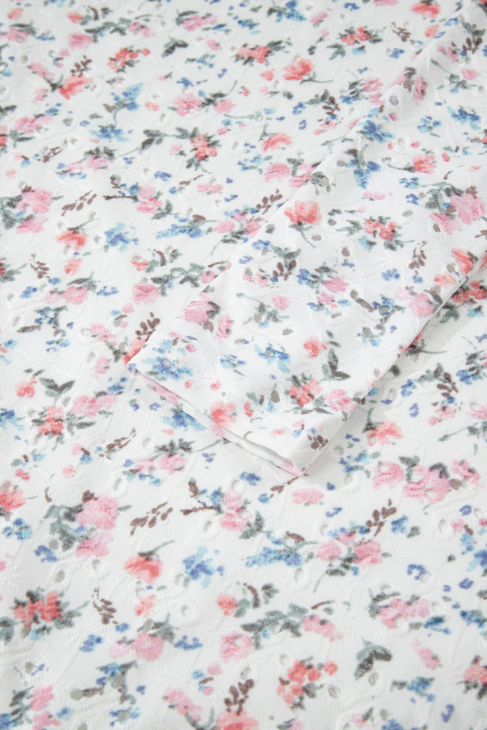 White Floral Print Textured Square Neck Slim Fit Long Sleeve Top