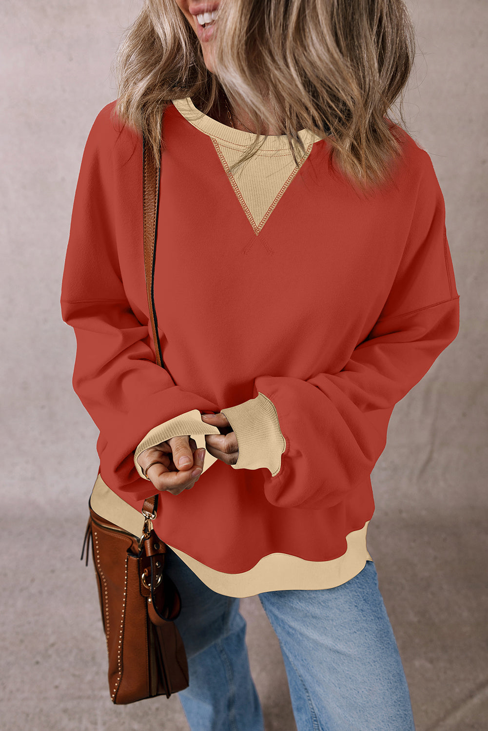 Ginger Color Block Patch Drop Shoulder Oversized Sweatshirt