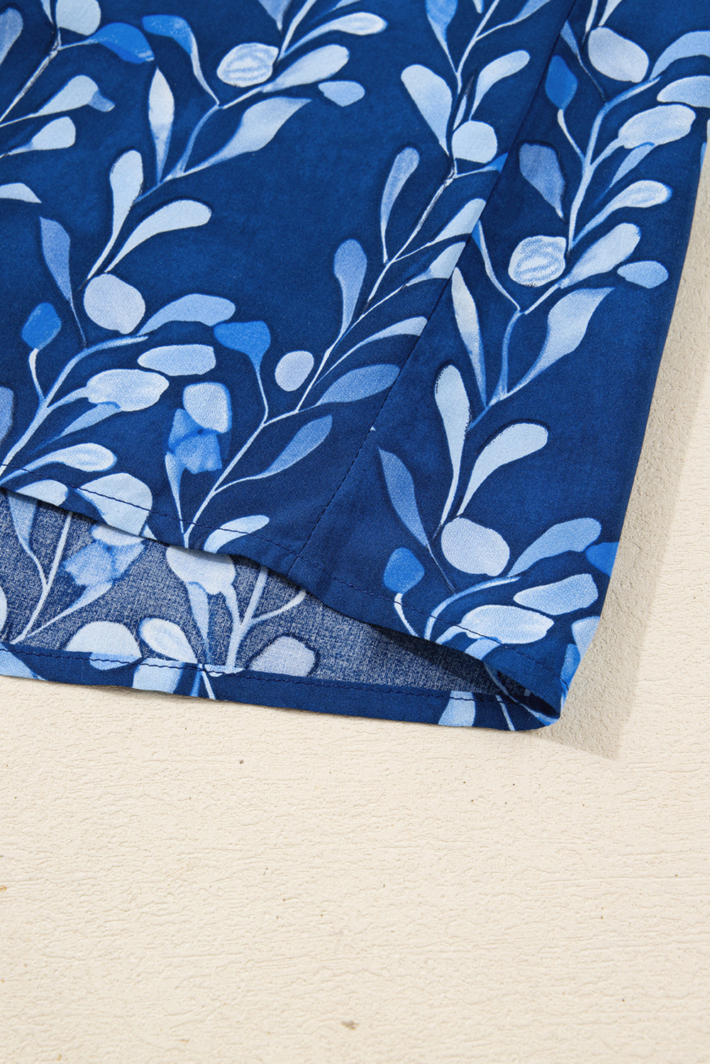 Blue Botanical Print Bracelet Sleeve Notched Neck Blouse