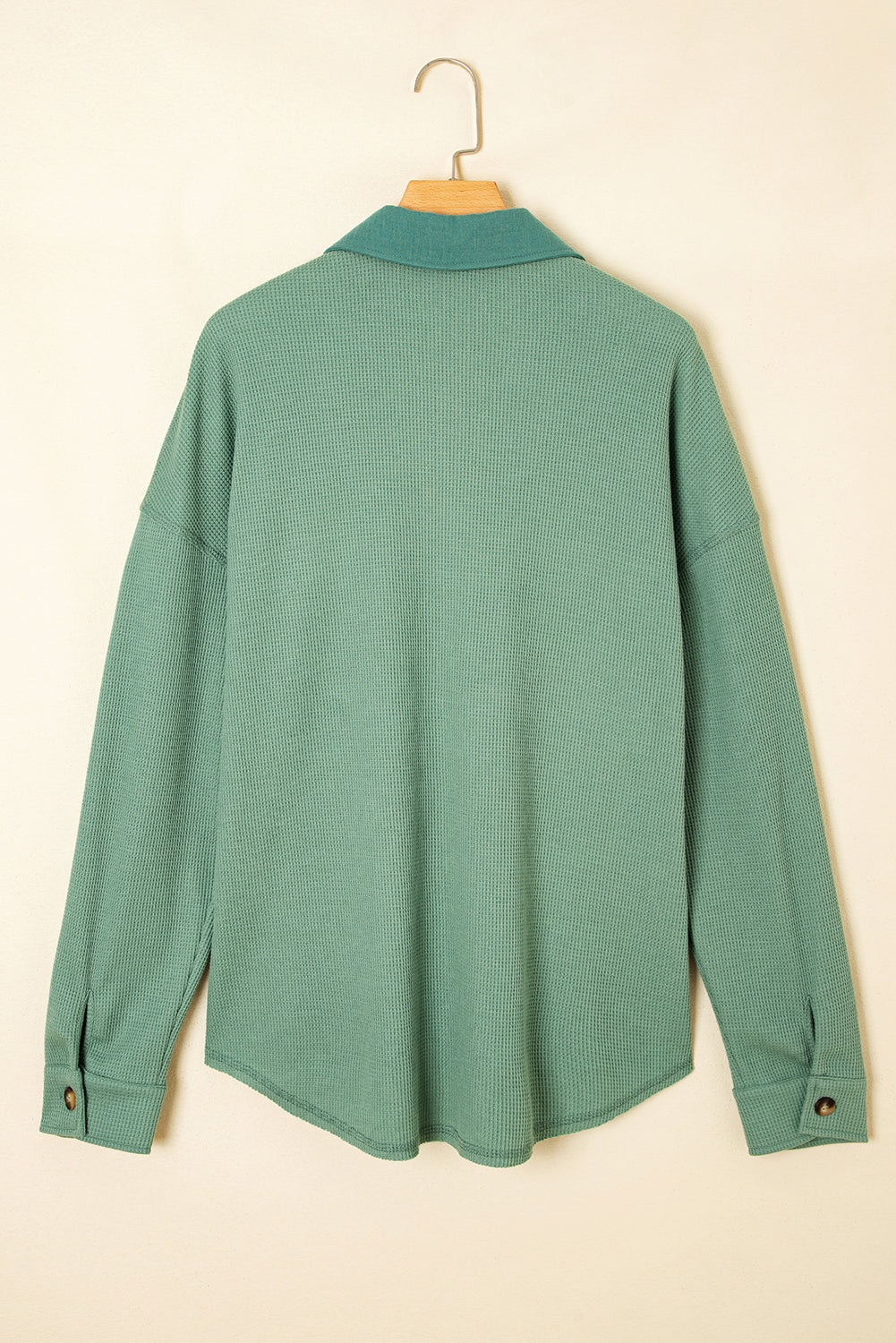 Grass Green Waffle Knit Vintage Patchwork Button Up Loose Shirt