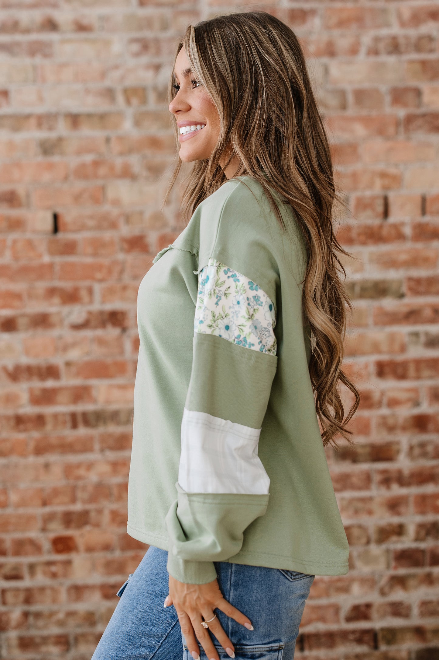 Laurel Green Floral Plaid Mixed Sleeve Raw Edge Relaxed French Terry Top