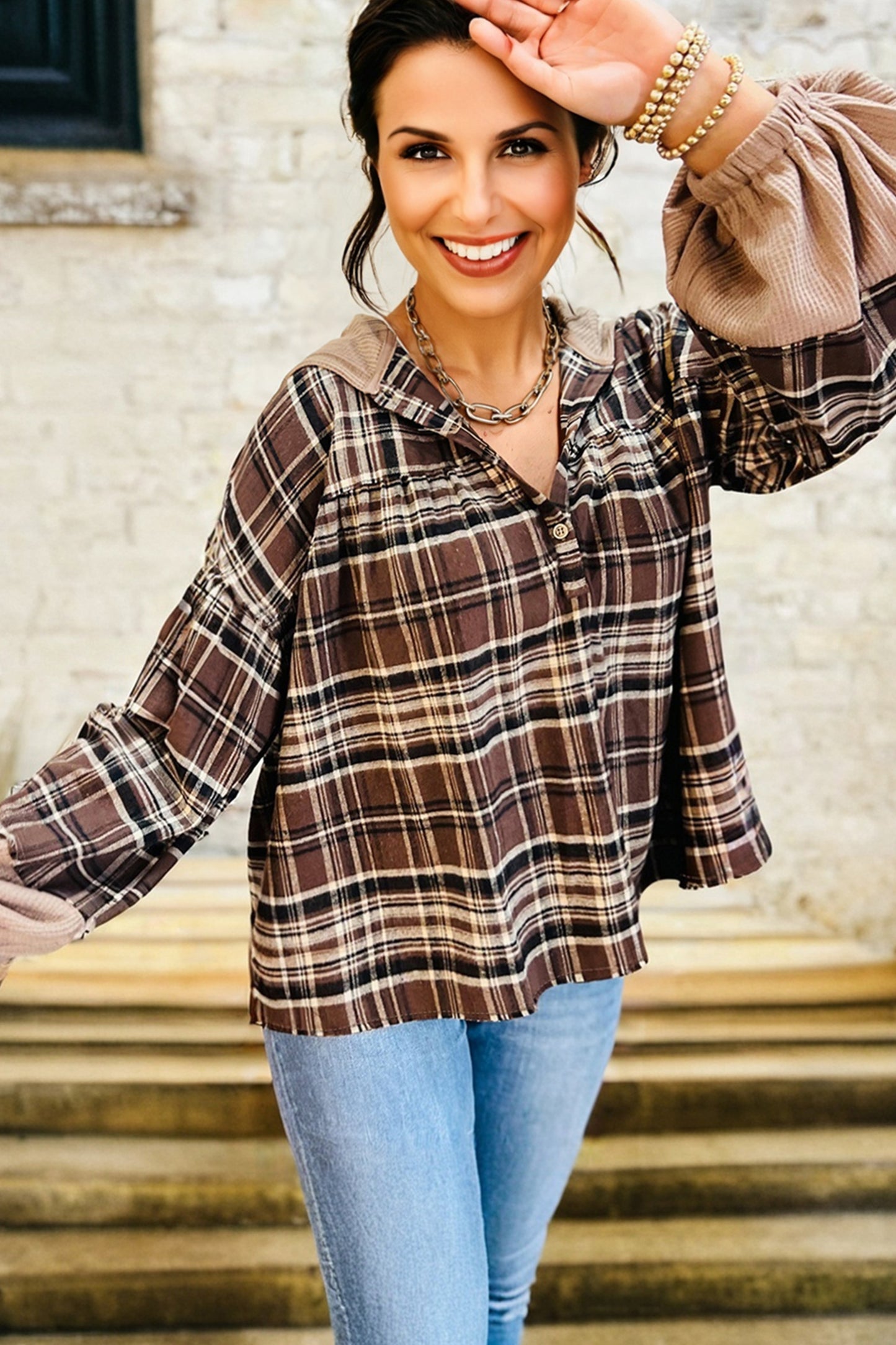 Gray Plaid Patchwork Long Sleeve Button Hooded Blouse