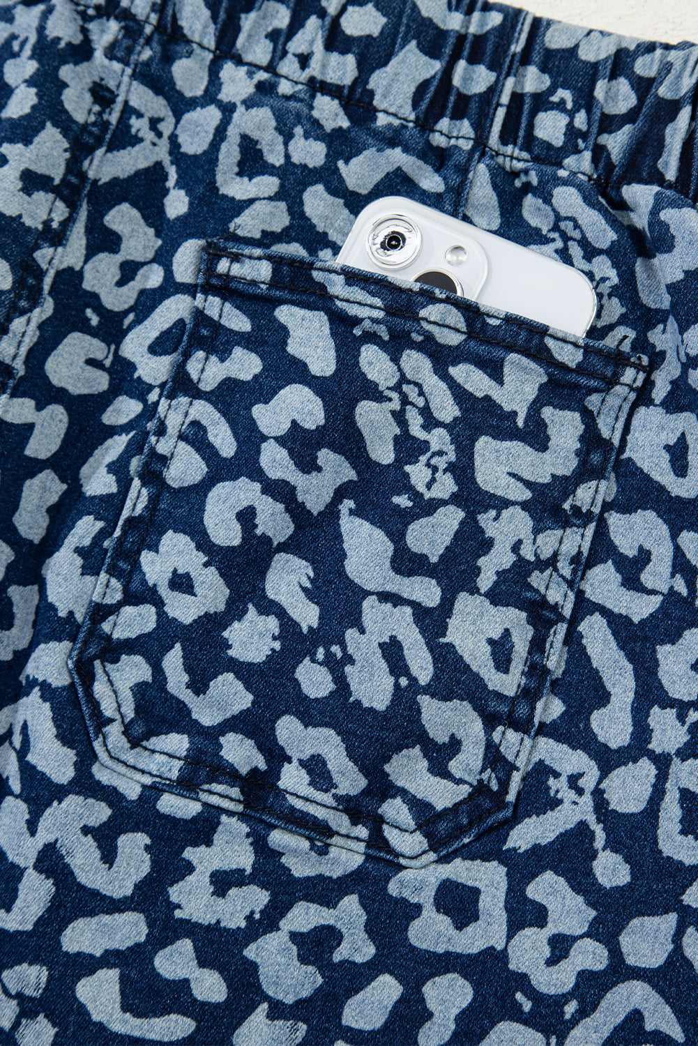 Blue Leopard Printed Drawstring Elastic Waistband Pocketed Wide Leg Jeans