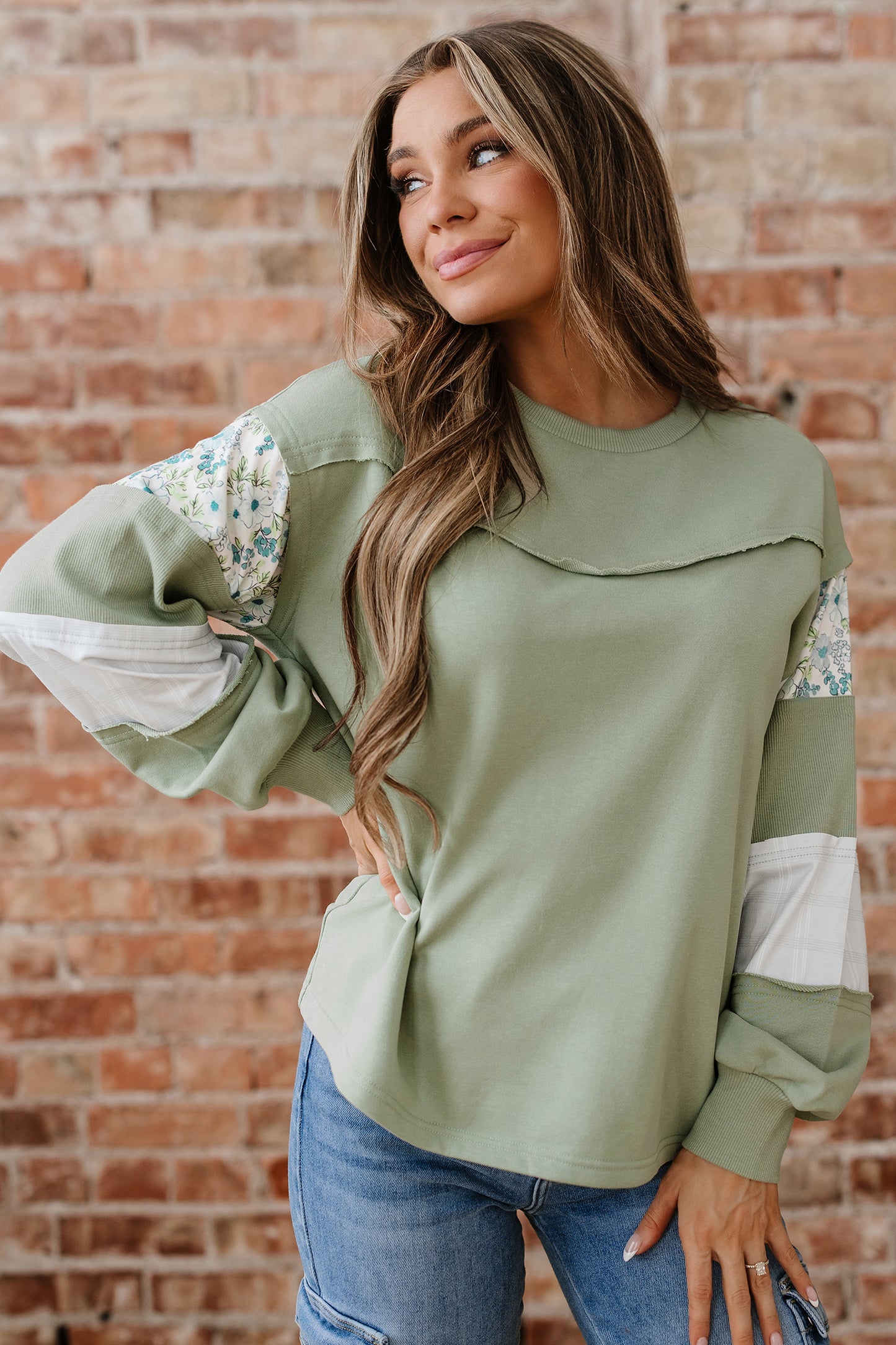 Laurel Green Floral Plaid Mixed Sleeve Raw Edge Relaxed French Terry Top