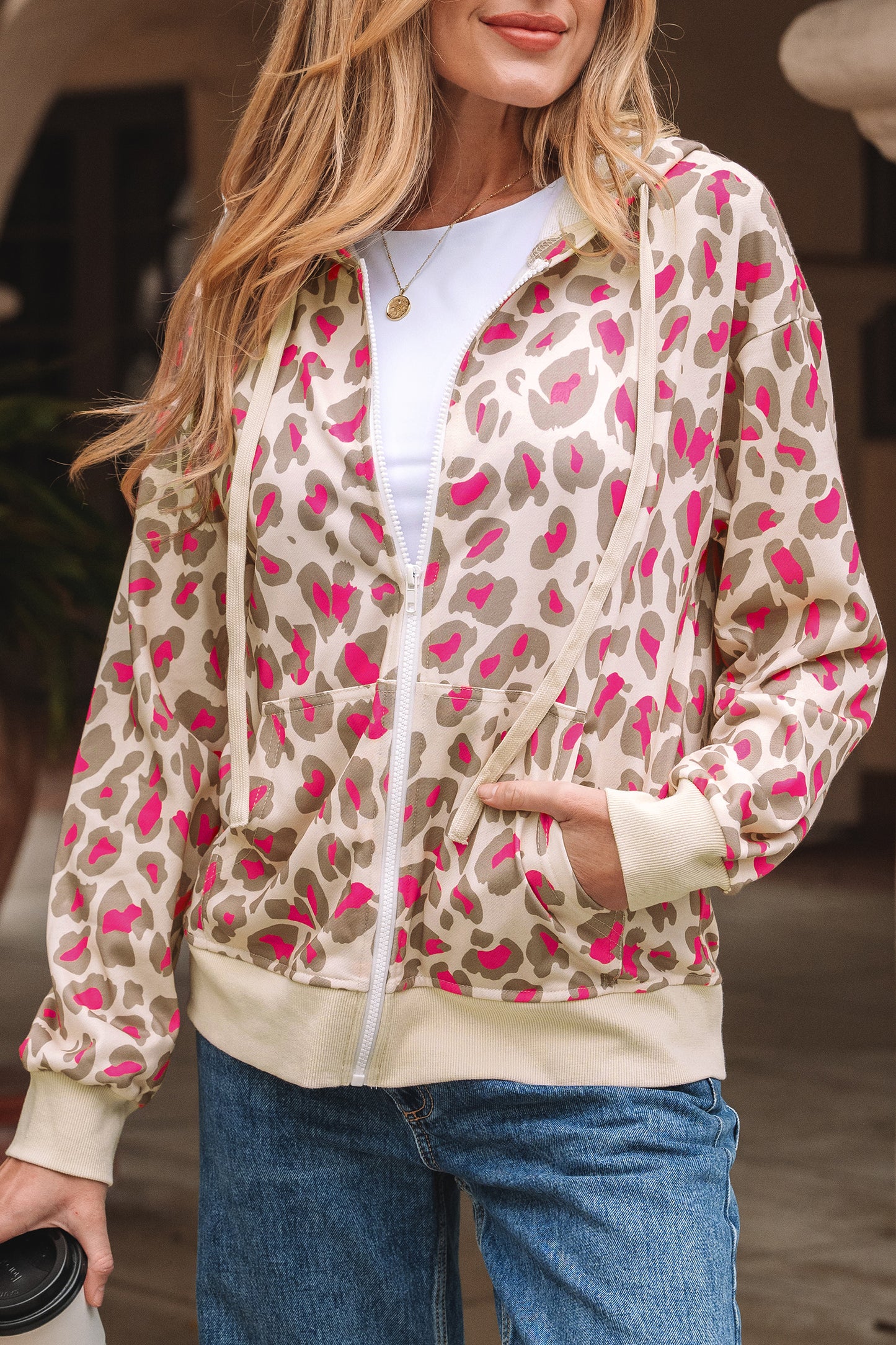 Rose Leopard Print Zip-up Hooded Sweatshirt