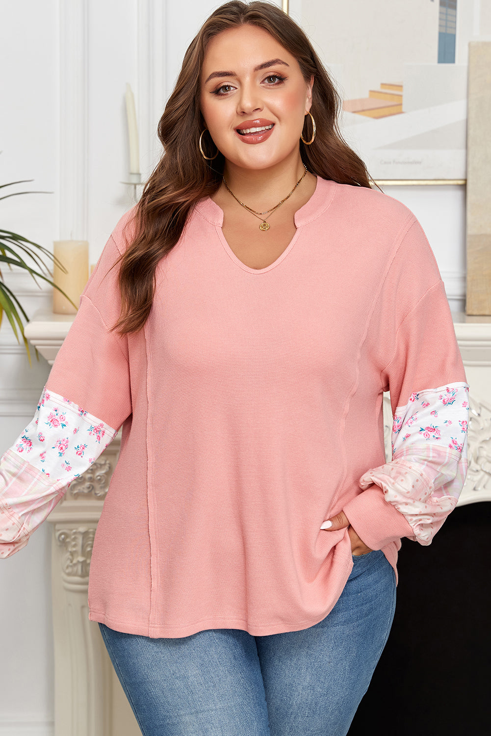 Pink Floral Sleeve Patchwork Waffle Knit Notched V Neck Plus Size Top