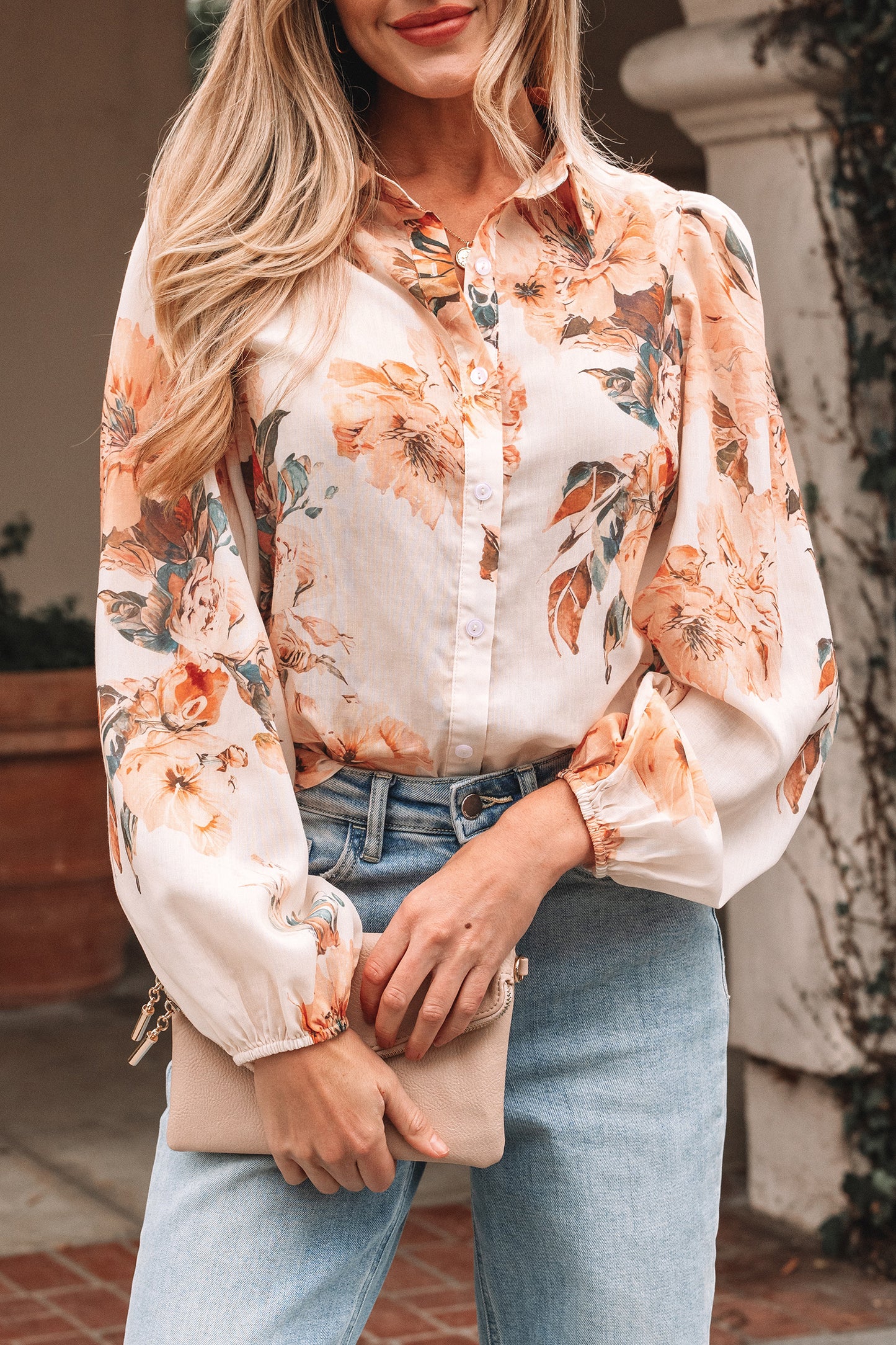 Brown Floral Puff Sleeve Lightweight Shirt