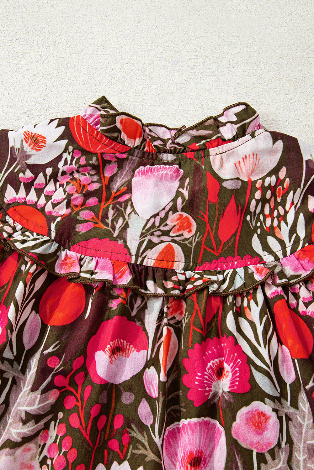 Red Floral Three Quarter Sleeve Lace-up Neck Blouse