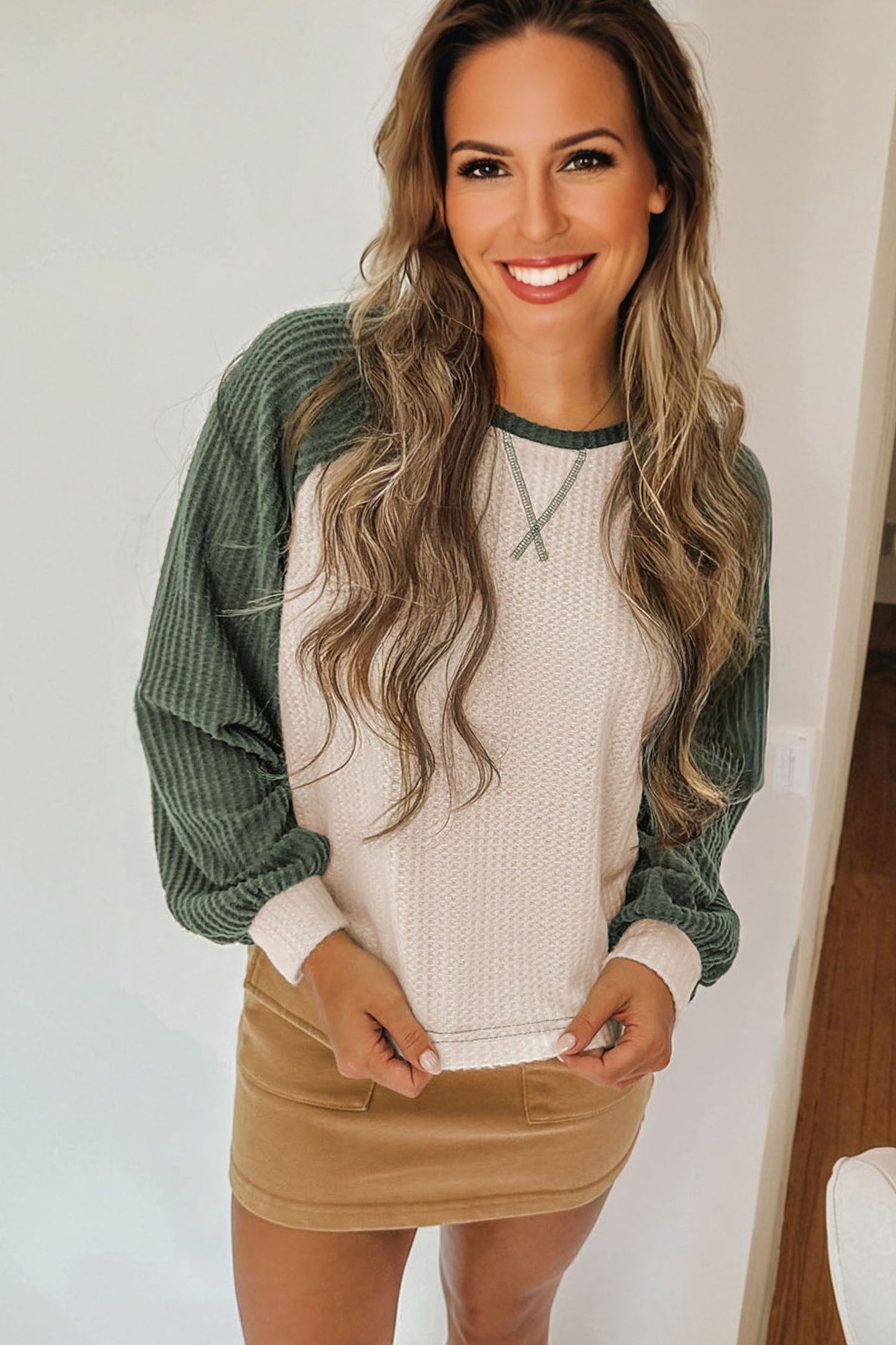 Mist Green Waffle Color Block Raglan Sleeve Top