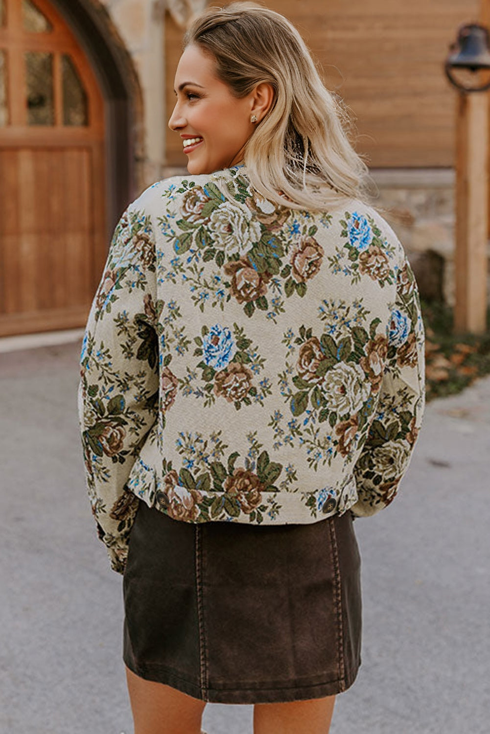 Khaki Floral Print Zip Up Contrast Collared Jacket