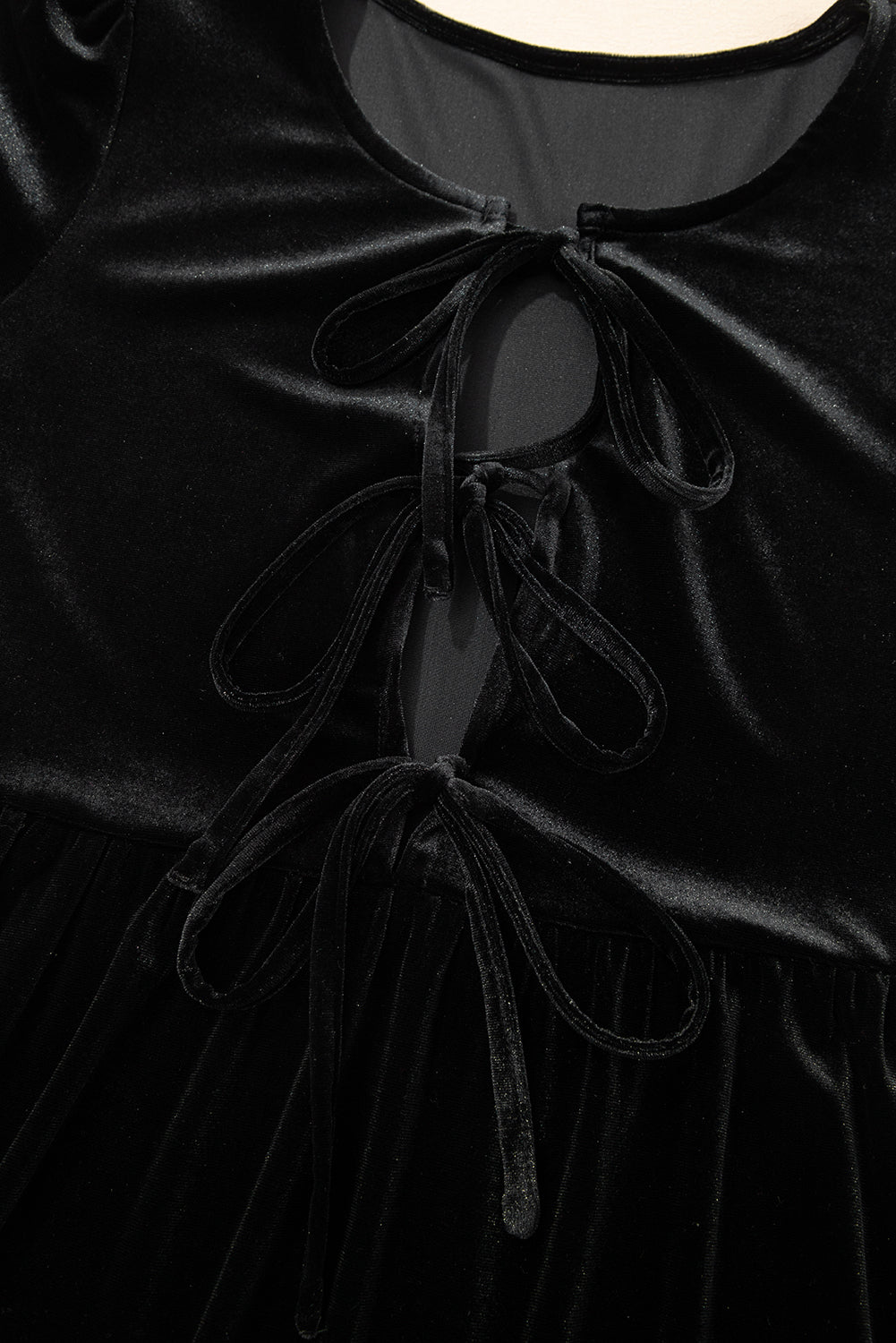 Black Front Tie Velvet Bubble Sleeve Mini Dress