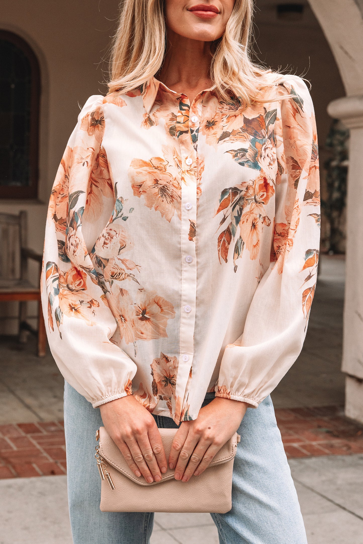 Brown Floral Puff Sleeve Lightweight Shirt