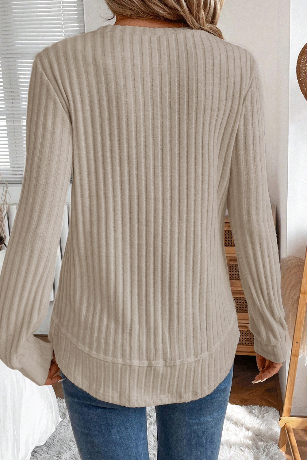 Black Ribbed Texture Round Neck Long Sleeve Rounded Hem Knit Top
