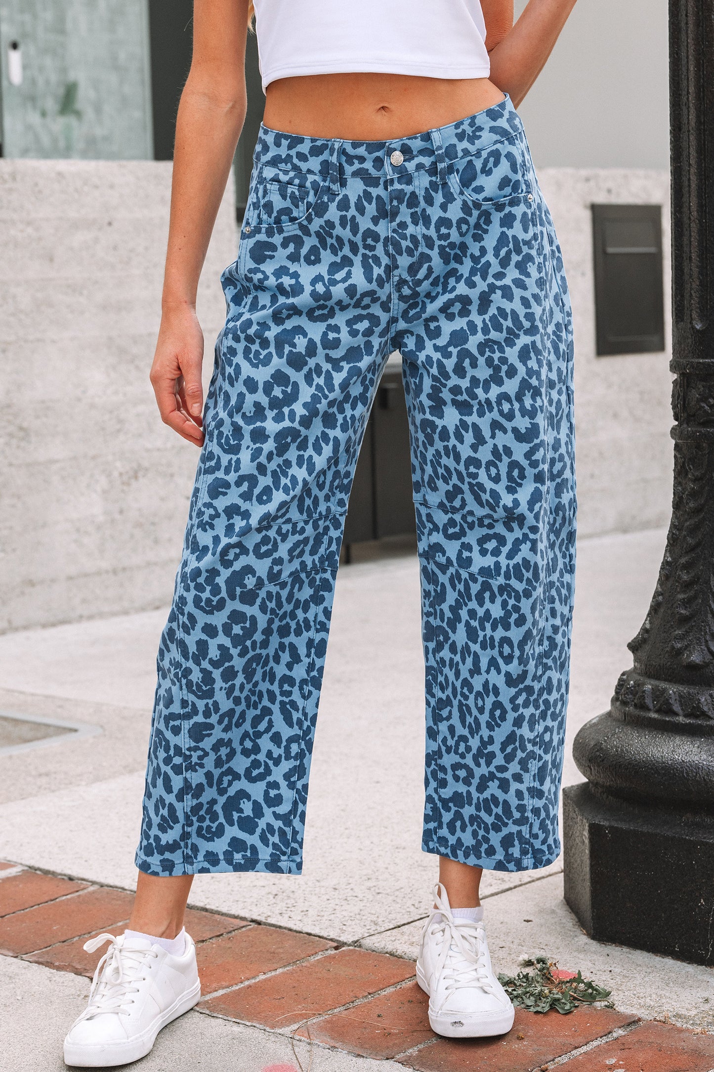 Sky Blue Leopard Print Straight Loose Jeans