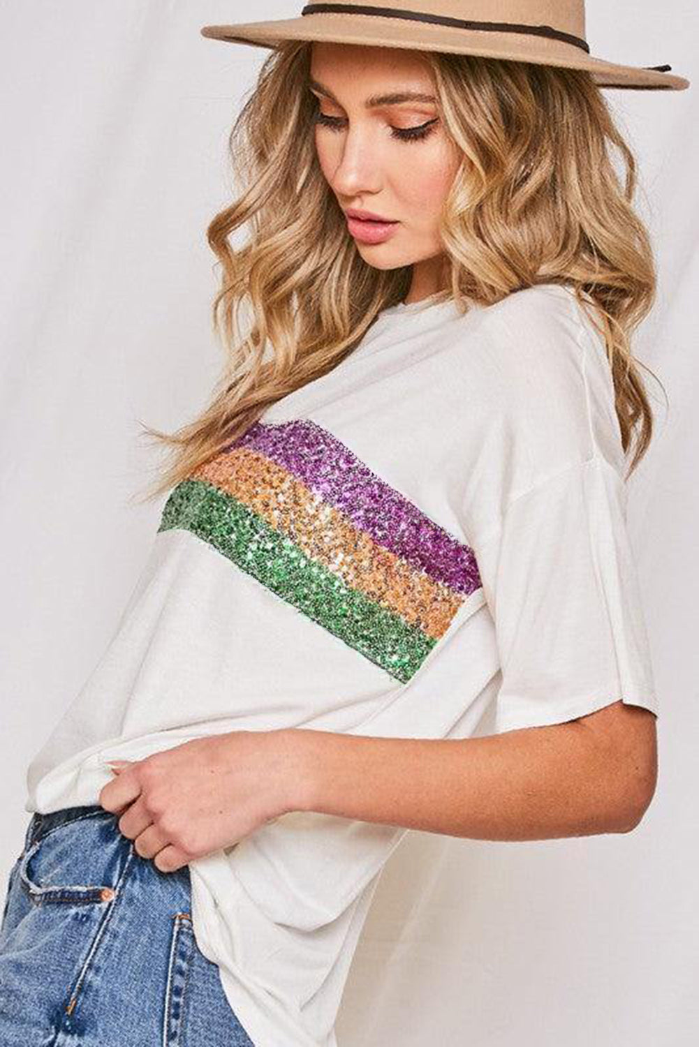 Black Sequin Stripes Patchwork Mardi Gras Crew Neck T Shirt