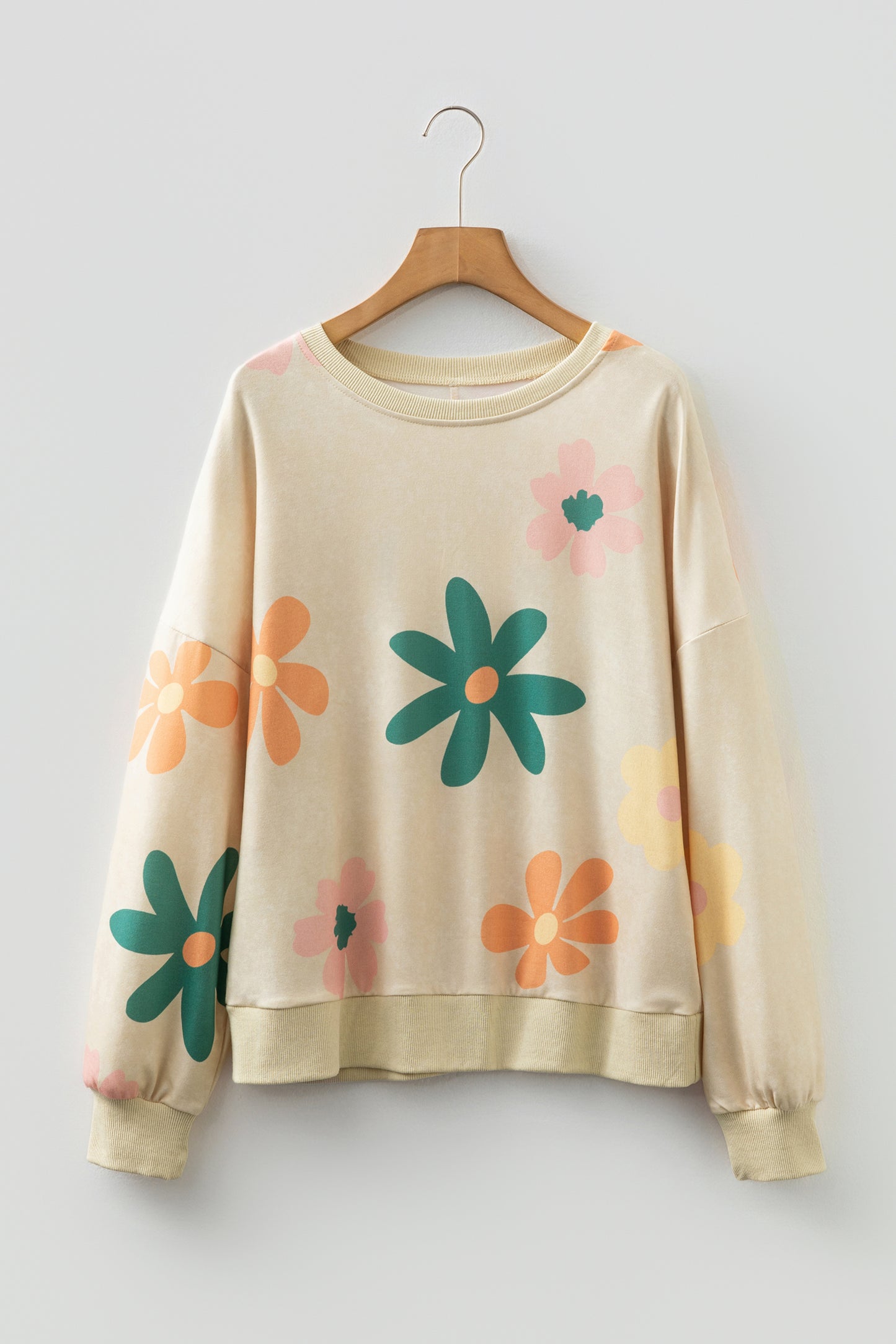 Khaki Mineral Washed French Terry Flower Print Sweatshirt