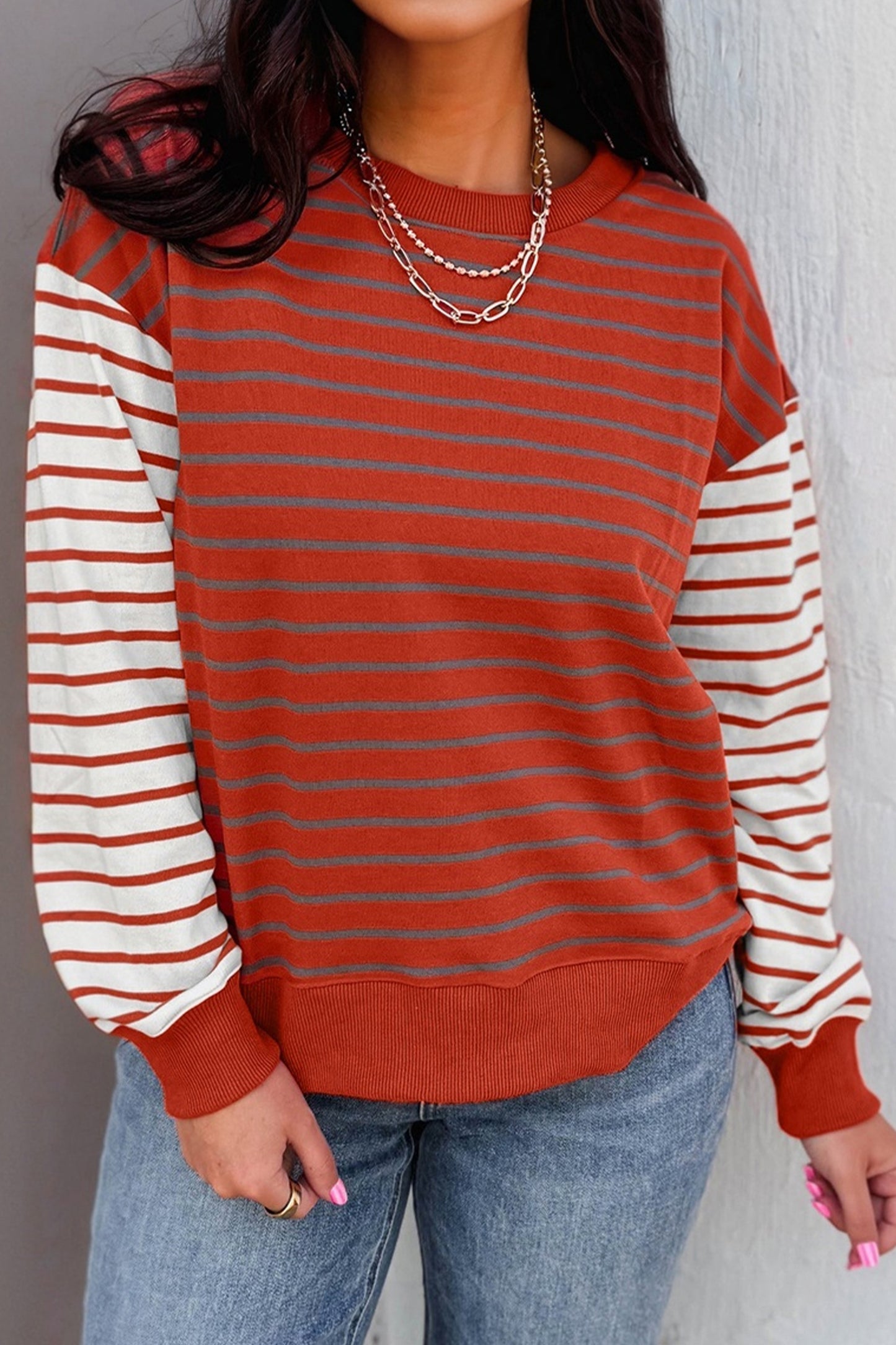 Orange Stripe Contrast Sleeve Patchwork Drop Shoulder Long Sleeve Sweatshirt