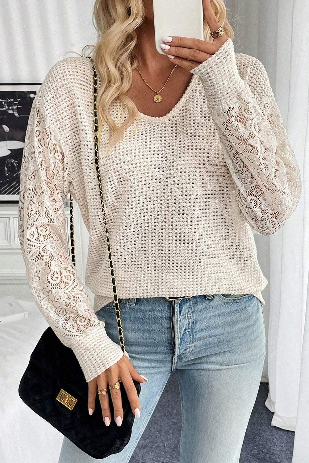 Beige V Neck Breathable Knit Drop Shoulder Lace Sleeve Patchwork Top