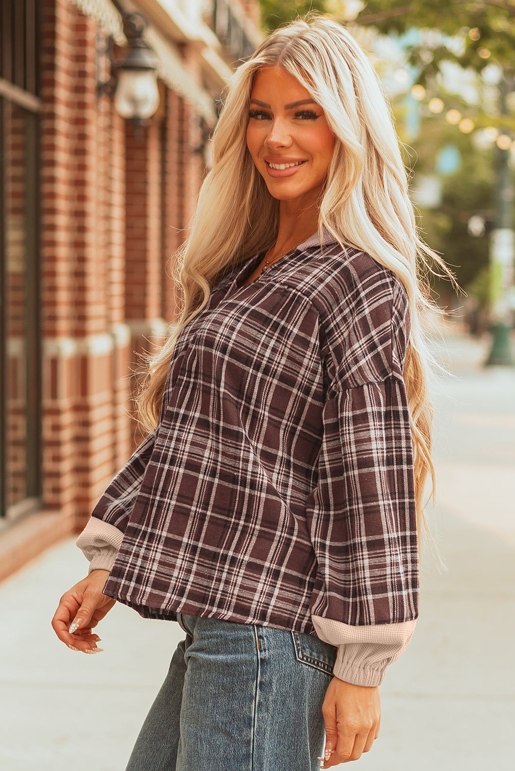 Gray Plaid Patchwork Long Sleeve Button Hooded Blouse