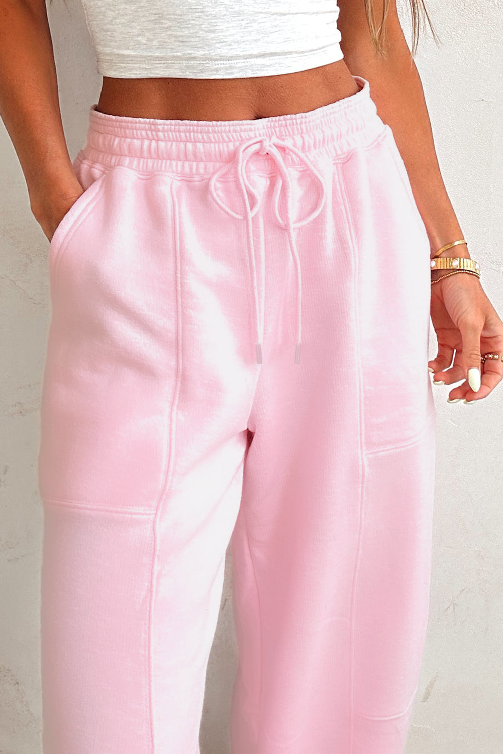 Light Pink Drawstring Elastic Waistband Solid Color Jogger Pants