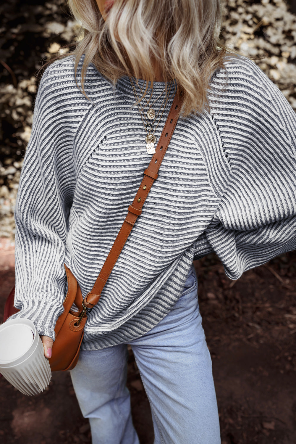 Black Striped Print Ribbed Knit Boat Neck Baggy Sweater