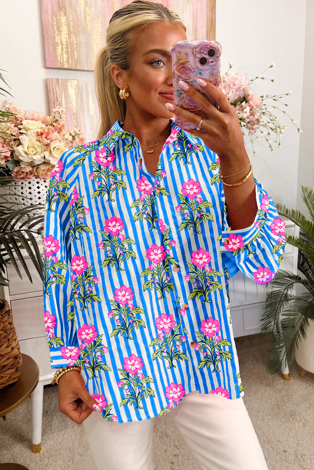 Blue Striped Floral Print Buttoned Cuffs Loose Fit Shirt