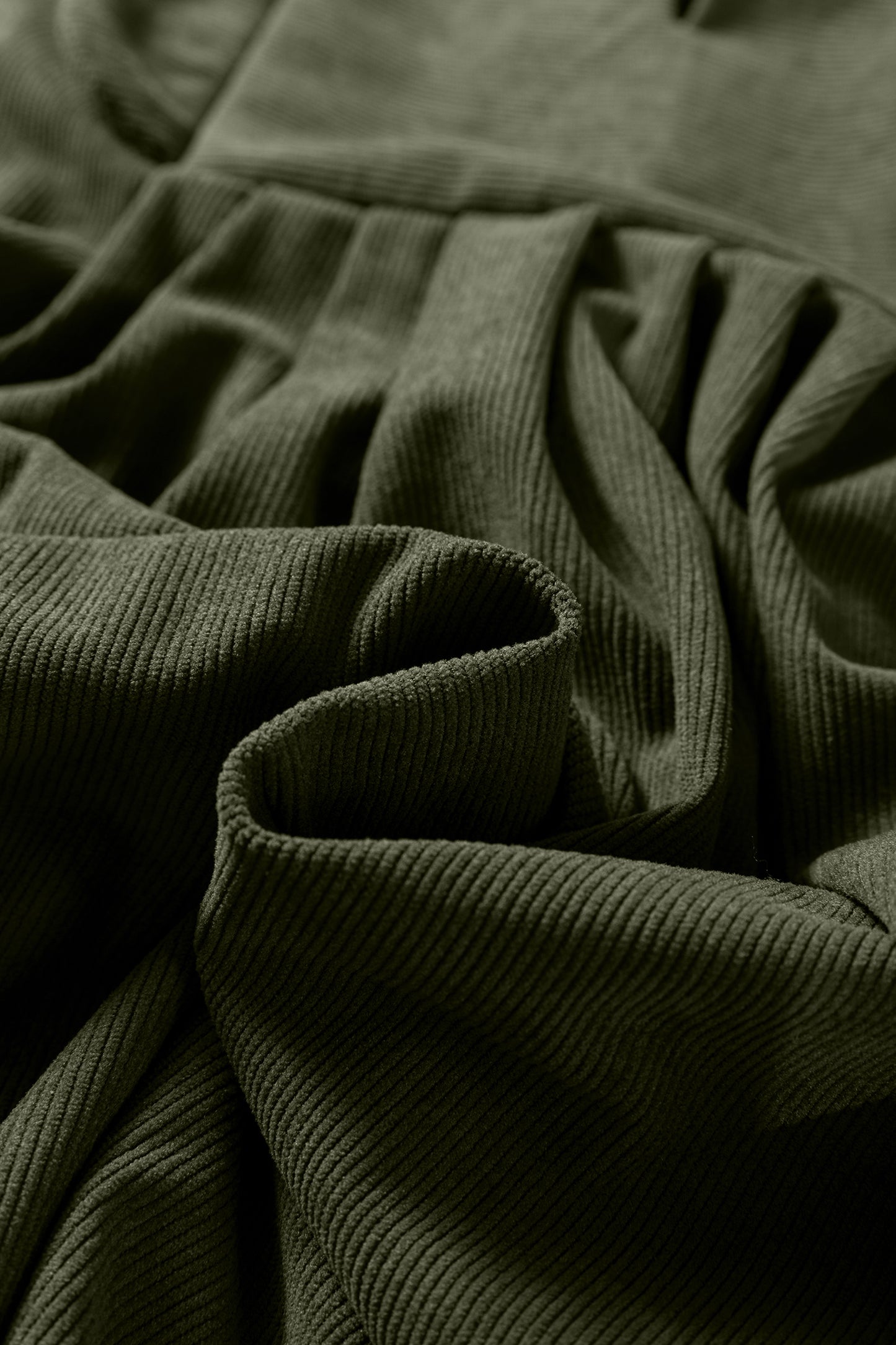 Moss Green Bracelet Sleeve Split Neck Scallop Detail Pleated Corduroy Mini Dress