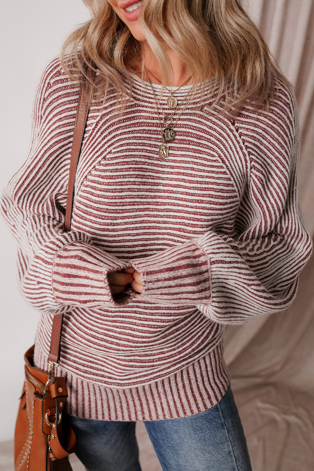 Black Striped Print Ribbed Knit Boat Neck Baggy Sweater