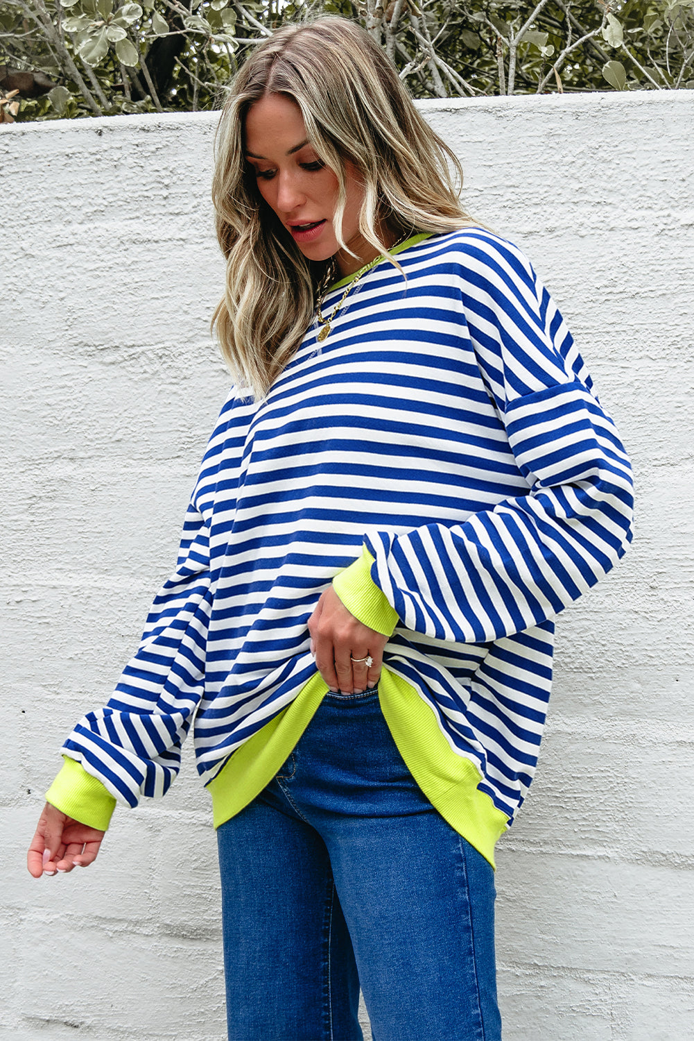 Green Stripe Contrast Ribbed Trim Crossed Stitch Drop Shoulder Sweatshirt